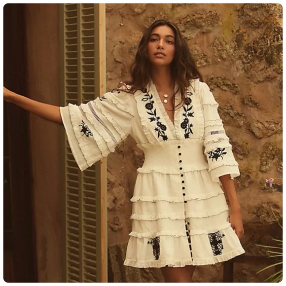 NWT Anthropologie Embroidered Cotton LightweightRuffled Mini Dress S